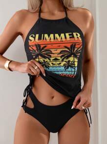 SHEIN Swim 女士椰樹和字母印花比基尼套裝,沙灘穿搭沙灘裝泳裝音樂節夏季 - 彩色 - 查看 1