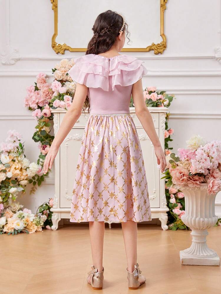 2pcs/Set Tween Girls' Round Neck Multi-Layered Frill Decor Shirt And Metallic Gold Fabric Skirt