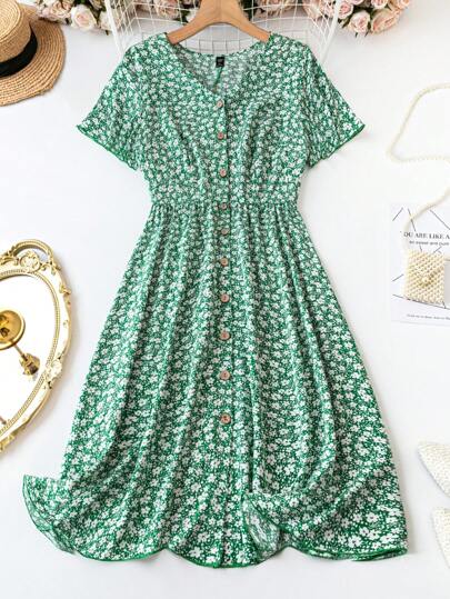 SHEIN LUNE 大码碎花纽扣前开襟连衣裙女装