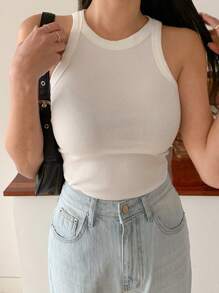 DAZY Débardeur Côtelé À Col Rond De Couleur Unie - Blanc - Voir 6