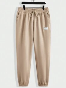 Manfinity Homme Nam Kích thước lớn Dệt kim Áo nỉ có mũ Với Vá chữ cái Và Quần thể thao Giải trí 2 cái/bộ - Màu Khaki - Xem 3