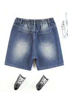 青少年男孩磨損沙洗字母刺繡牛仔短褲