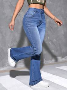 SHEIN EZwear 女士流蘇喇叭牛仔褲 - 中等水洗藍 - 查看 5