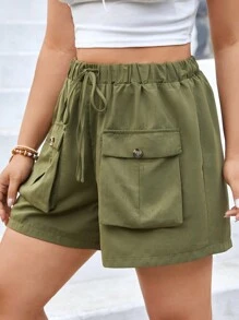 SHEIN VCAY 大尺碼女士束口腰帶實用口袋短褲 - 軍綠色 - 查看 4