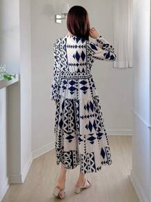 DAZY Vestido suelto con estampado geométrico todo sobre, cuello escotado, mangas acampanadas, volantes, ropa de mujer para otoño