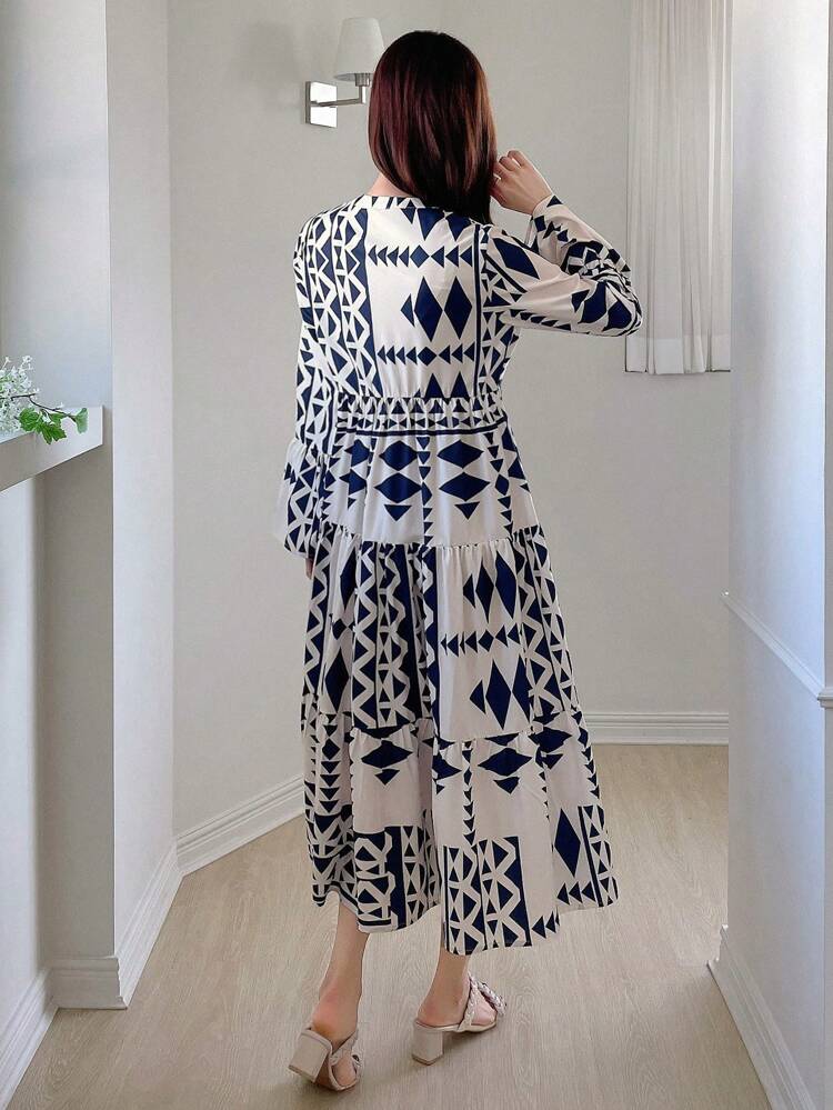 Geometric Pattern Notched Neck Flared Sleeve Loose Fit Dress, Ruffle, Fall Clothes Long Sleeve Dress Vacation Women Dress Boho