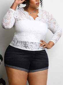 SHEIN CURVE+ Plus Size Women's Lace Long Sleeve Top - White - View 1
