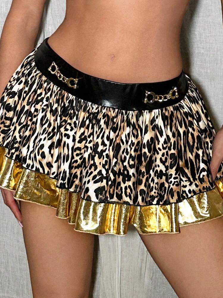Low Waist Leopard Print Splice Mini Skirt
