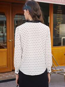 Simple Retro Women Polka Dot Lace High Neck Shirt - Black and White - View 2