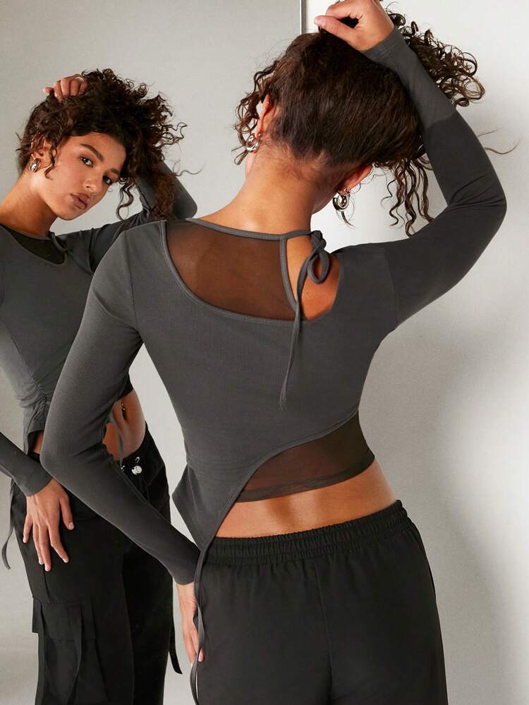 Asymmetric Ribbed Knit Mesh Tie Top