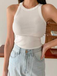 DAZY Débardeur Côtelé À Col Rond De Couleur Unie - Blanc - Voir 5