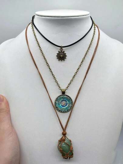 Fairycore 3pcs Vintage Stone Pendant Necklace Set