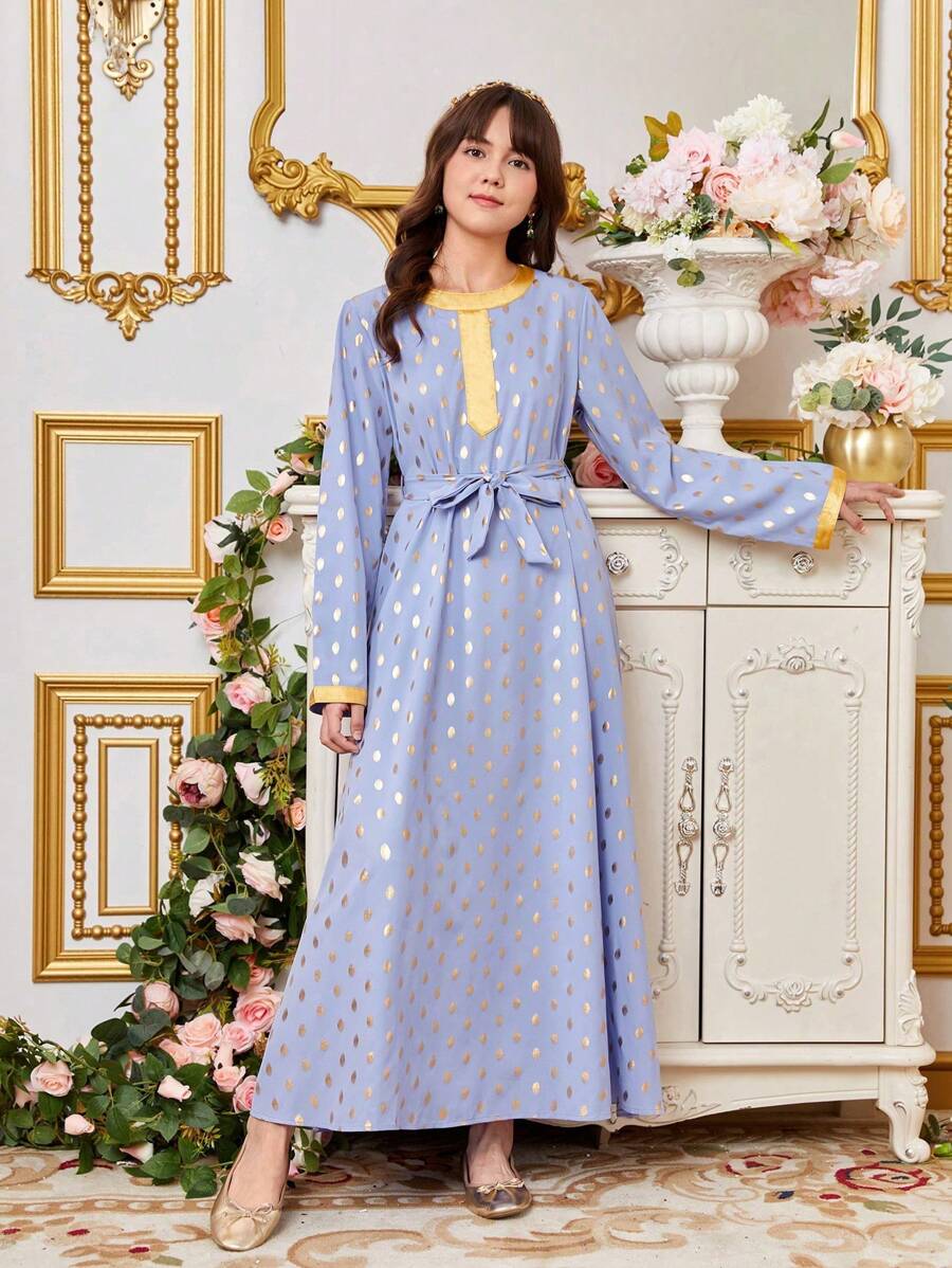 Vestido De Retales Con Cinta Jacquard De Lunares Y Lunares Dorados Recién Llegado Para Chicas Adolescentes 2024 - Púrpura polvoriento - Ver 1