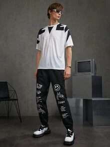 Manfinity RebelGame 男士標語圖案梭織休閒褲 - 黑色 - 查看 4