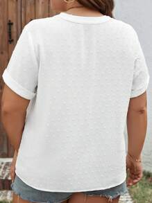 SHEIN LUNE 大尺碼純色蕾絲拼接衫,配有凸出的領口 - 白色 - 查看 2