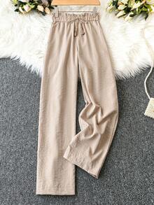 SHEIN VCAY Women'S Casual Paper Bag Waist Wide Leg Pants - Apricot - View 4