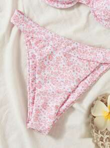 SHEIN Swim Bikini tanga con aros de flores diminutas para playa de verano - Rosa - Ver 5