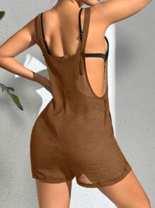 SHEIN Swim 女性純色無袖遮陽服連體褲 - 卡其色 - 查看 2