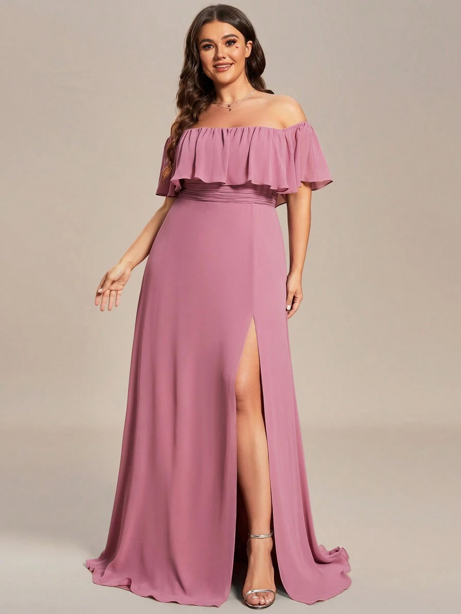 Plus Size Elegant Solid Color Off-Shoulder Split Bridesmaid Dress - Dusty Pink - View 1