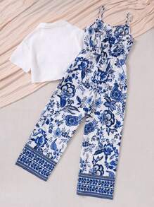 SHEIN Teen Girls' Solid Color Bow-Tie Shirt & Flower Print Spaghetti Strap Jumpsuit Set - Blue and White - View 2