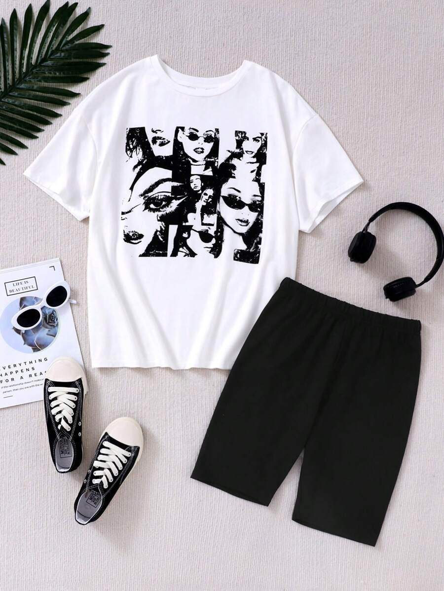 Conjunto De Ropa Casual Para Niñas Adolescentes Con Estampado De Retrato Tejido En Camiseta De Manga Corta Y Short - Blanco y Negro - Ver 1