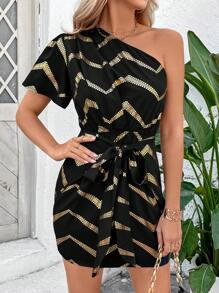 Breezaya Women's One Shoulder Short Sleeve Dress With Gold Stripe Pattern - Multicolor - View 3