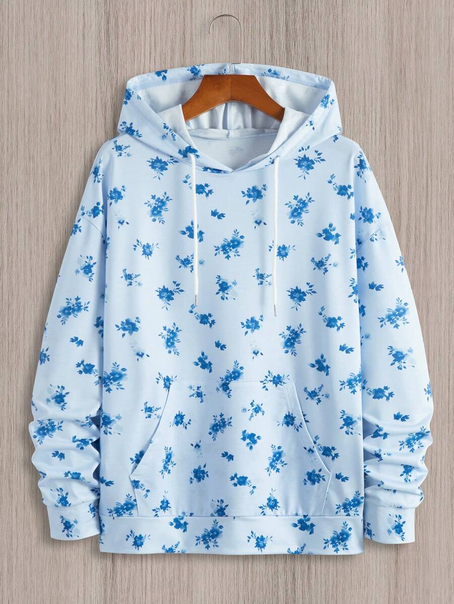 Manfinity Homme 男款休閒寬鬆連帽衫,滿版印花設計 - 藍色 - 查看 1