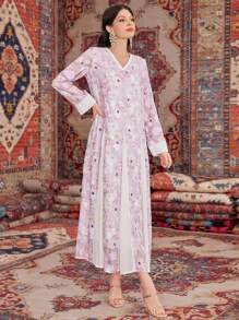 Al Najma V-Neck Long Sleeve Floral Print Dress - Multicolor - View 6