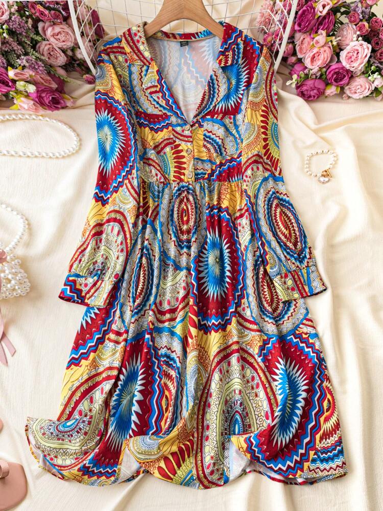 Plus Size Full Print Long Sleeve Dress