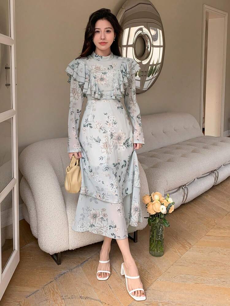 Flower Print Stand Collar Ruffle Hem Dress, Fall Dress Long Sleeve Dress Floral Dress
