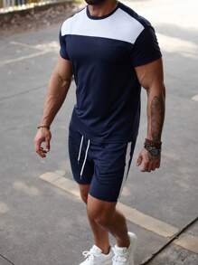 Manfinity Homme Men's Colorblock Casual 2pcs T-Shirt And Shorts Set, Basic, Workout Set - Blue - View 9