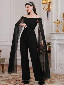 Modelyn 女士露肩網紗開叉長袖連身褲 - 黑色 - 查看 7