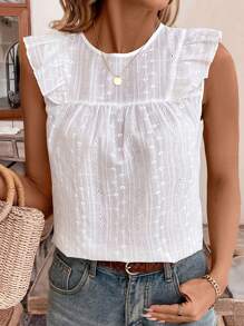SHEIN Frenchy Blusa de manga corta con cuello redondo y mangas de mariposa para mujer, con ojales y en color blanco. Esencial de verano, ideal para vacaciones, temporada de bodas y estilo Cottagecore.