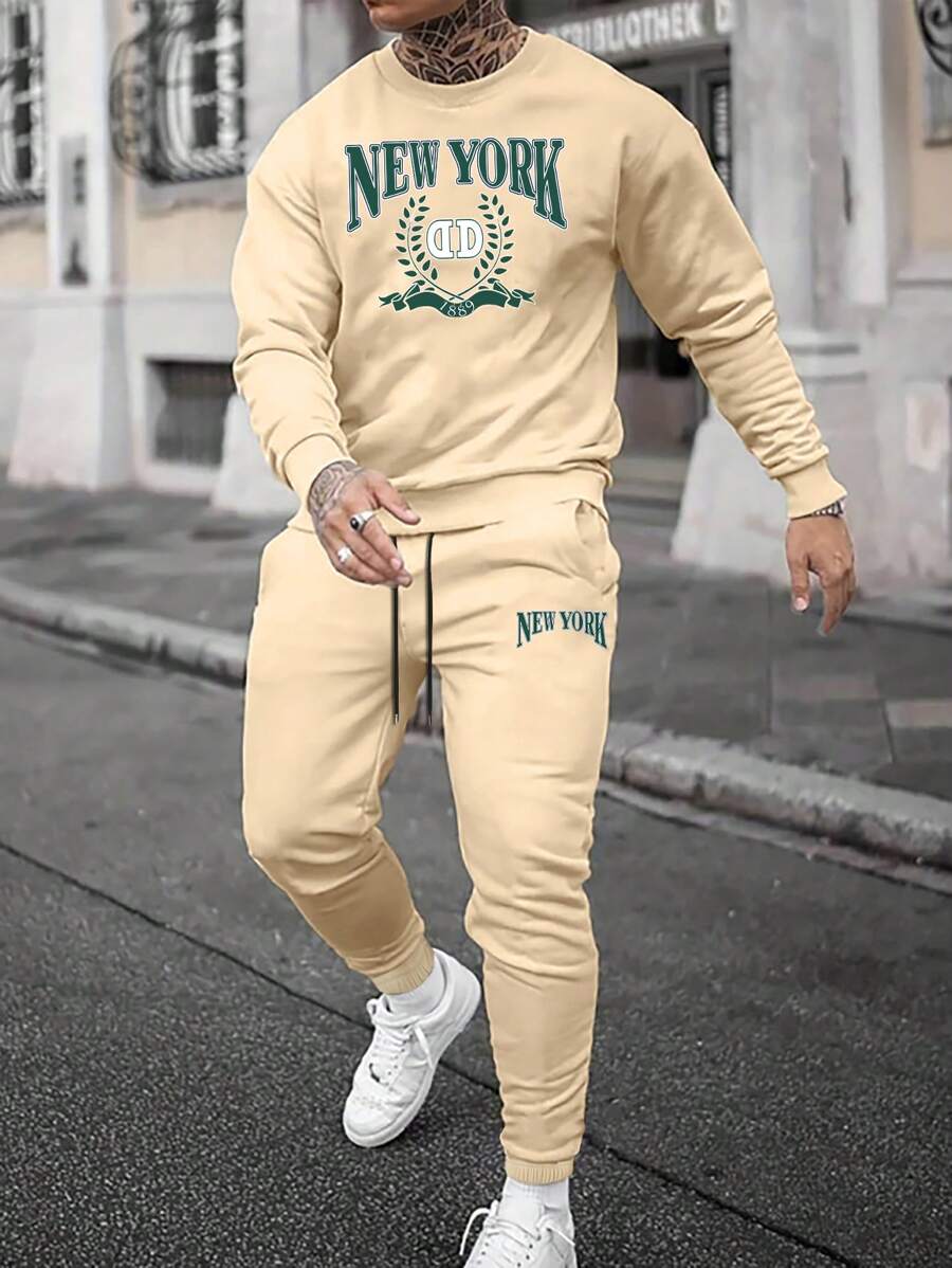 Manfinity Homme 男士字母印花運動套裝（連帽衫和運動長褲） - 卡其色 - 查看 1
