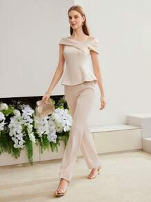 MOTF PREMIUM WOVEN ASYMMETRICAL NECK BLOUSE,CHIC BLOUSE - Apricot - View 2