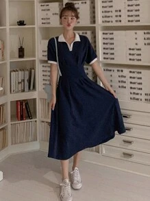 DAZY Patchwork Collar Drawstring Waist A-Line Dress Sundress - Blue - View 5