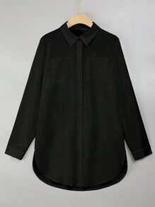 SHEIN Privé 純色鈕扣長袖襯衫 - 黑色 - 查看 1