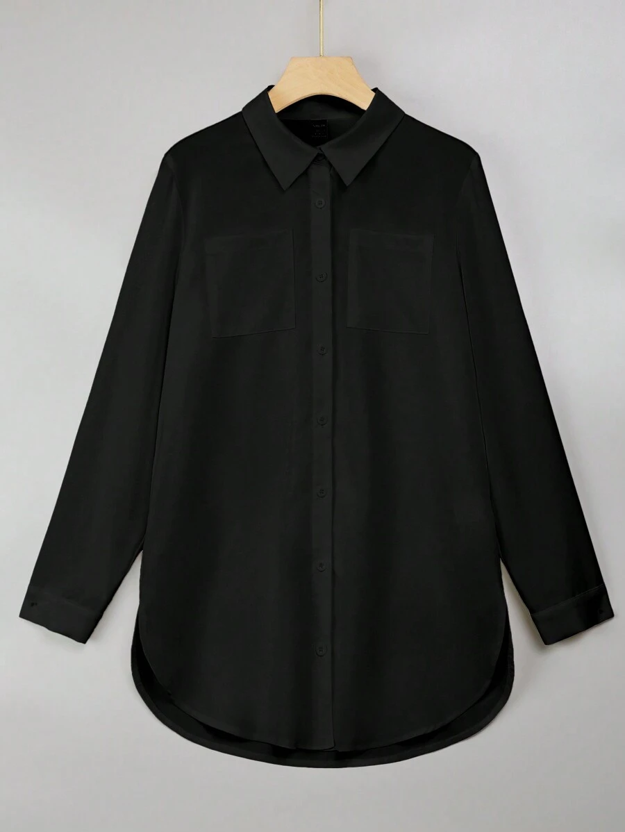 SHEIN Privé 純色鈕扣長袖襯衫 - 黑色 - 查看 1