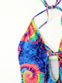 SHEIN Swim Summer Beach Women's Tie-Dye Halter One-Piece Swimsuit - Multicolor - View 3