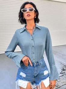 GENKIRA Ladies' Denim Effect Long Sleeve Shirt - Baby Blue - View 5