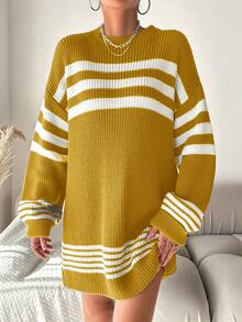 EURMUSE 女士彩色拼接條紋開肩毛衣連衣裙 - 薑色 - 查看 4