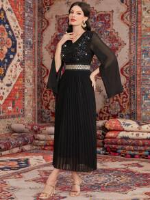 Modelyn Long Sleeve Dress With Rhinestone Decoration, Split Front And Pleated Hem - Black - View 4