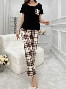 Conjunto De Pijama Y Camiseta De Manga Corta A Cuadros Con Bolsillo Para Mujer