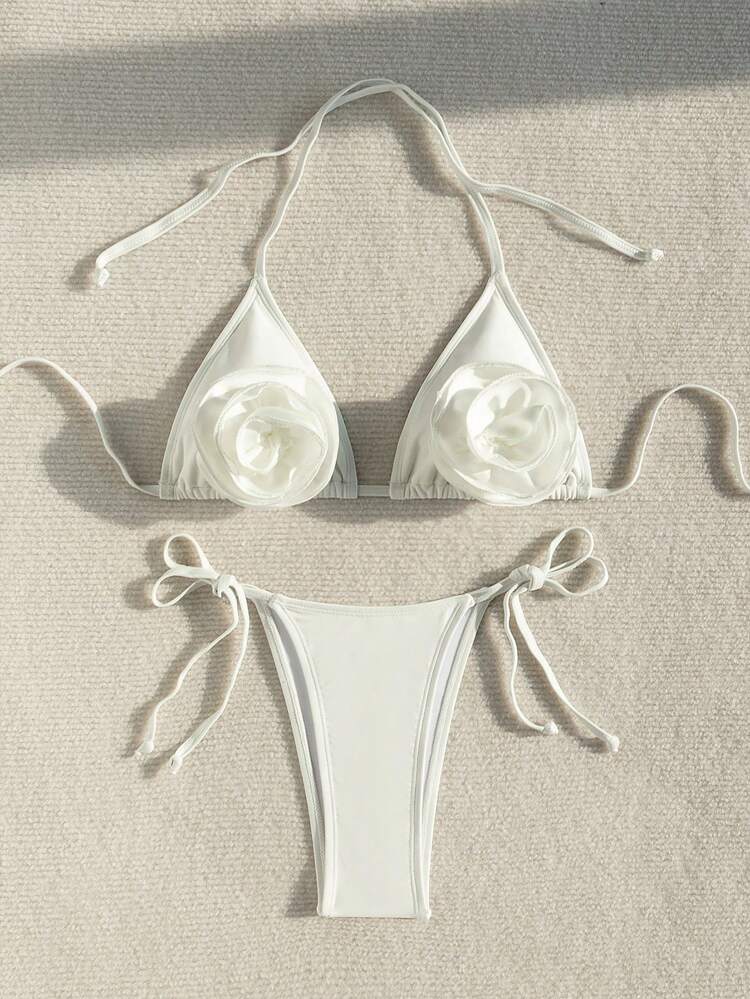 Women's Bikini Set With 3d Flower Decoration, Knot & Cutout Side Detail, String Bikini Set Bathing Suit Beach Outfit Summer Vacation