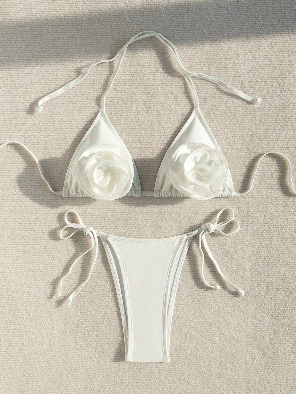 Women's Bikini Set With 3d Flower Decoration, Knot & Cutout Side Detail, String Bikini Set Bathing Suit Beach Outfit Summer Vacation