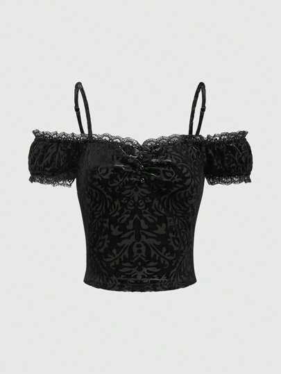 Goth Camiseta De Terciopelo Con Jacquard De Patrón Floral Con Detalle De Hombro Descubierto Para Mujeres