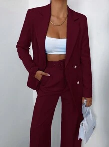 EURMUSE Women's Solid Color Notched Collar Blazer And Pants Suit Set With Belt - Burgundy - View 3