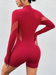 SHEIN PETITE Áo lưới dài tay có cổ đứng dành cho nữ - Màu Đỏ Sâu - Xem 2