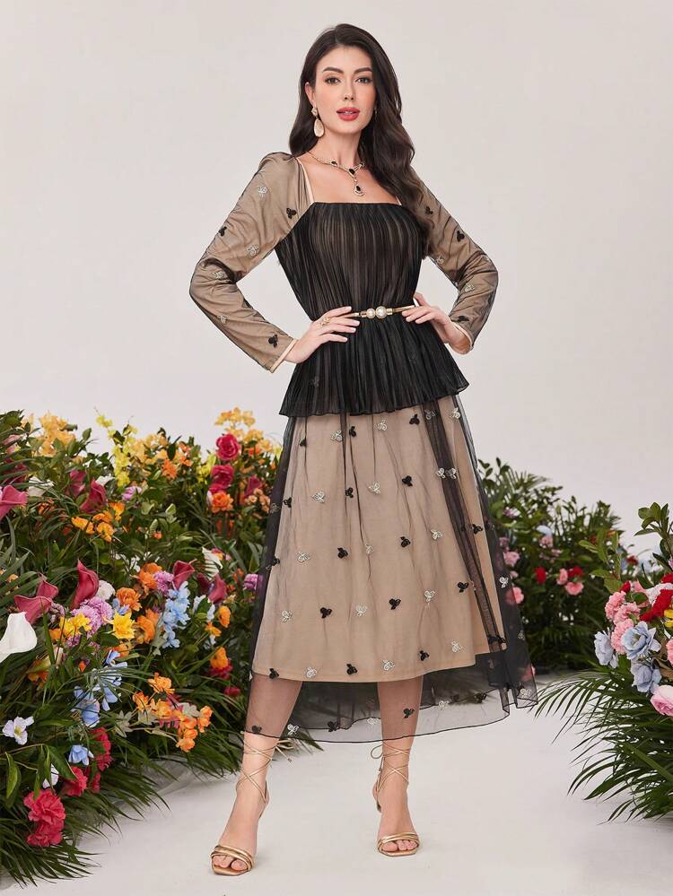 Color Block Mesh Contrast Waist-Cinching Square Neckline Dress Long Evening Dresses Fall Cloth For Women