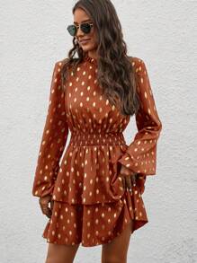 SHEIN Clasi Polka Dot Print High Low Dress With Lantern Sleeves And Ruffle Hem - Orange - View 4
